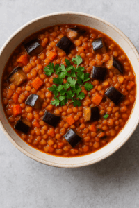 Vegetarisk linsegryte med aubergine og tomat